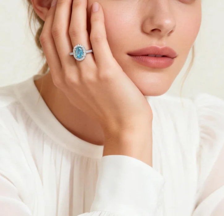Aquamarine Silver Halo Serenity Healing Ring