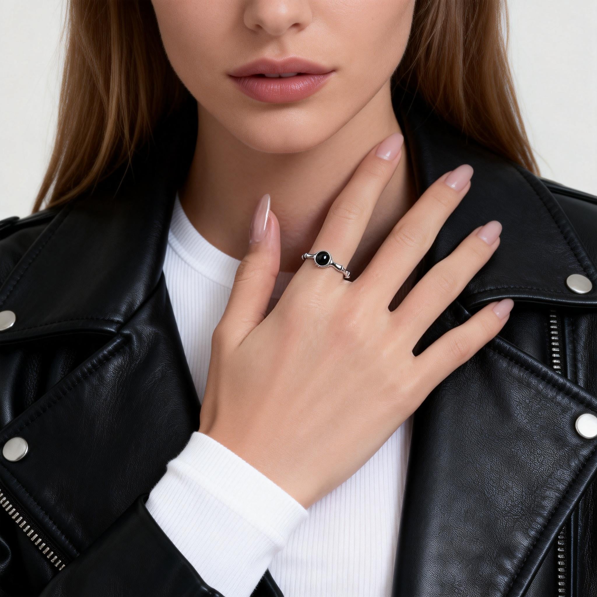 Black Tourmaline Bamboo Silver Balance Ring