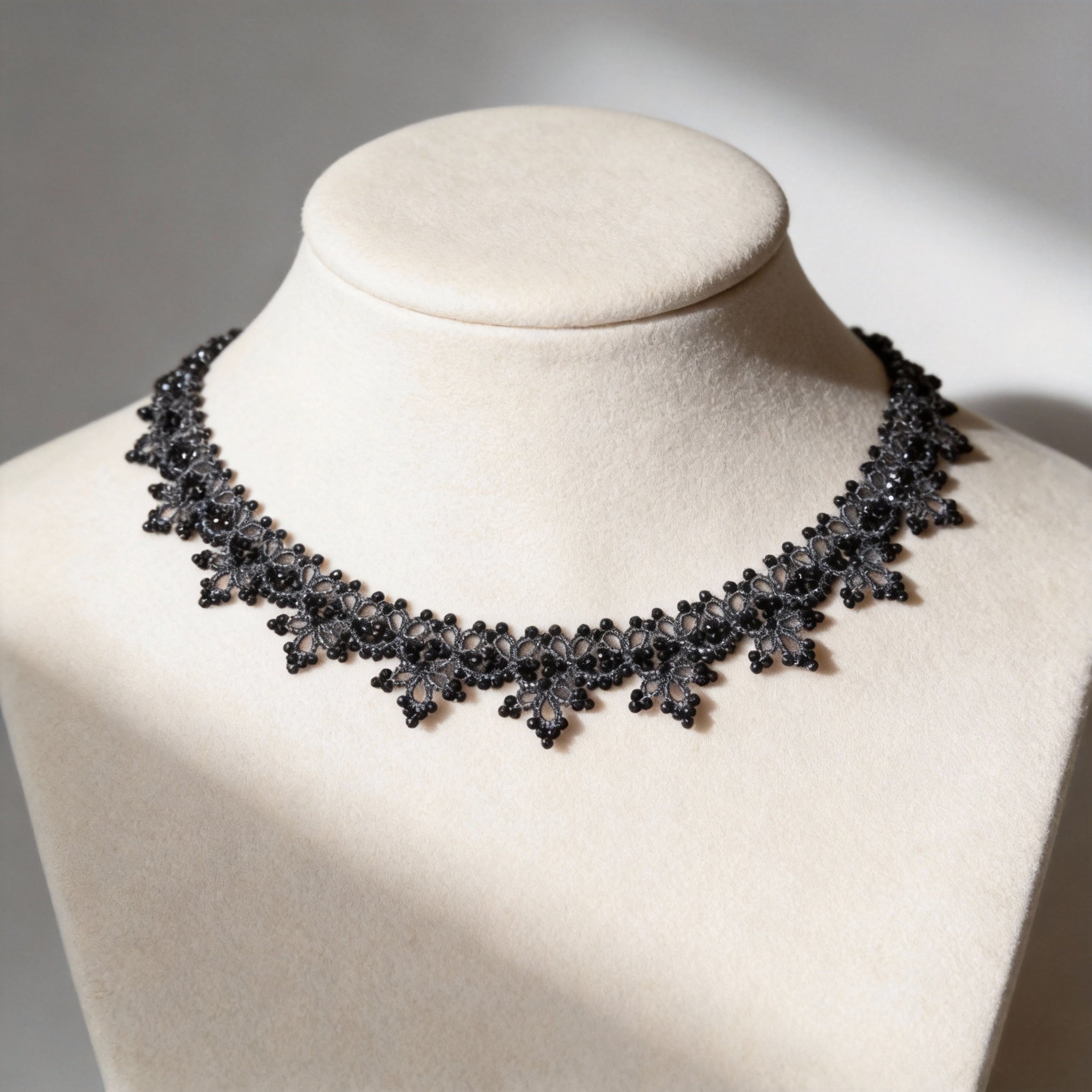 Handwoven Black Lace Beaded Statement Necklace