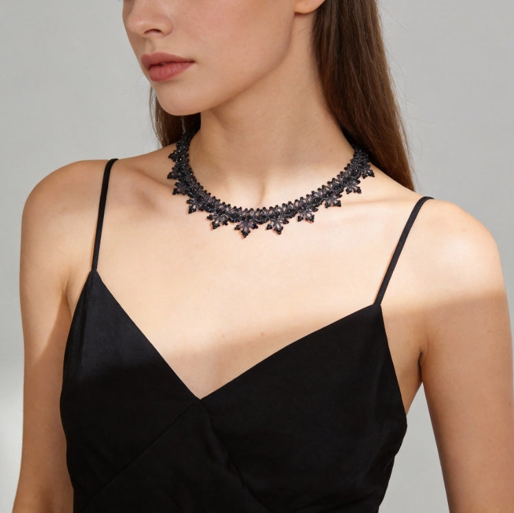 Handwoven Black Lace Beaded Statement Necklace