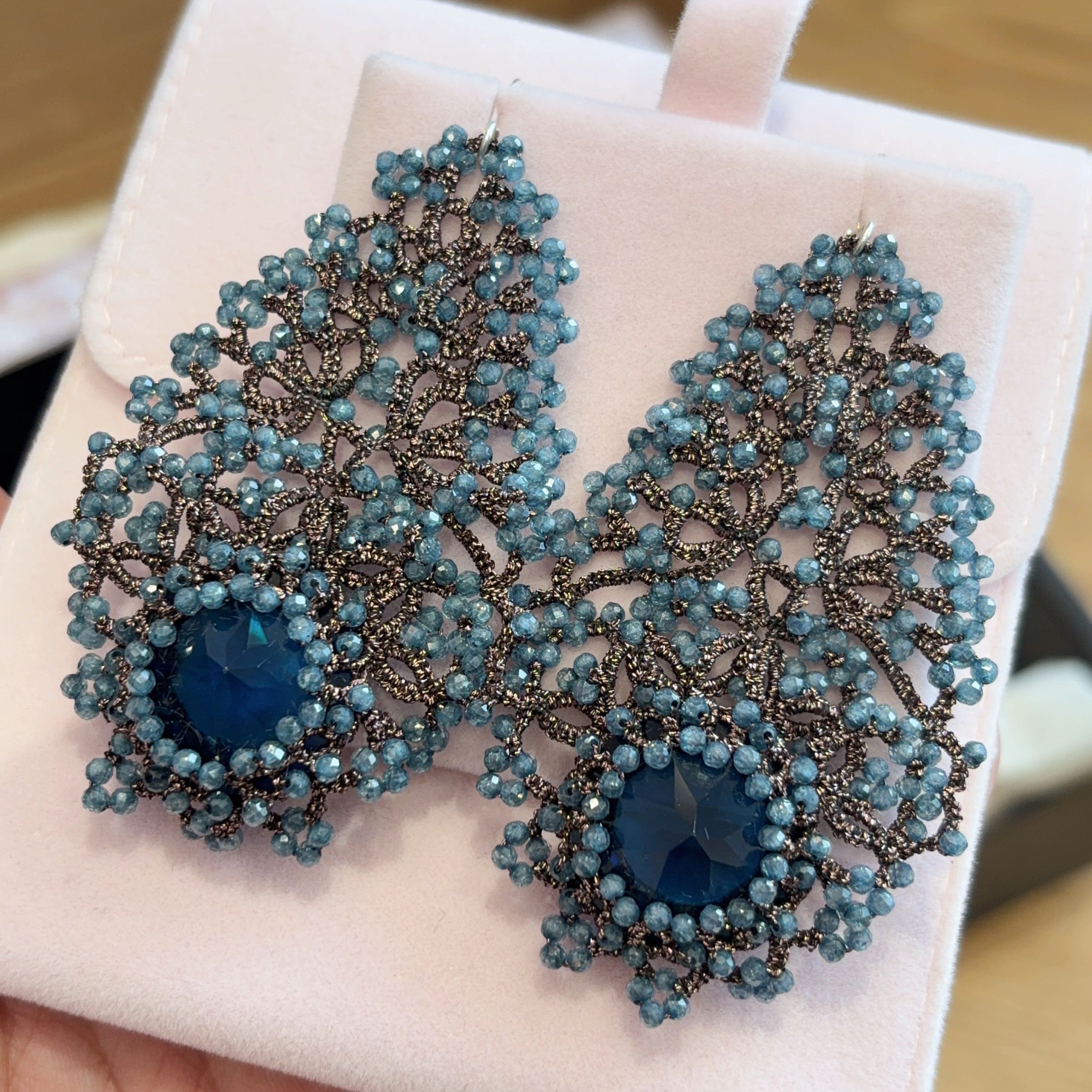 Handwoven Blue Chalcedony Lace Statement Earrings in 925 Silver