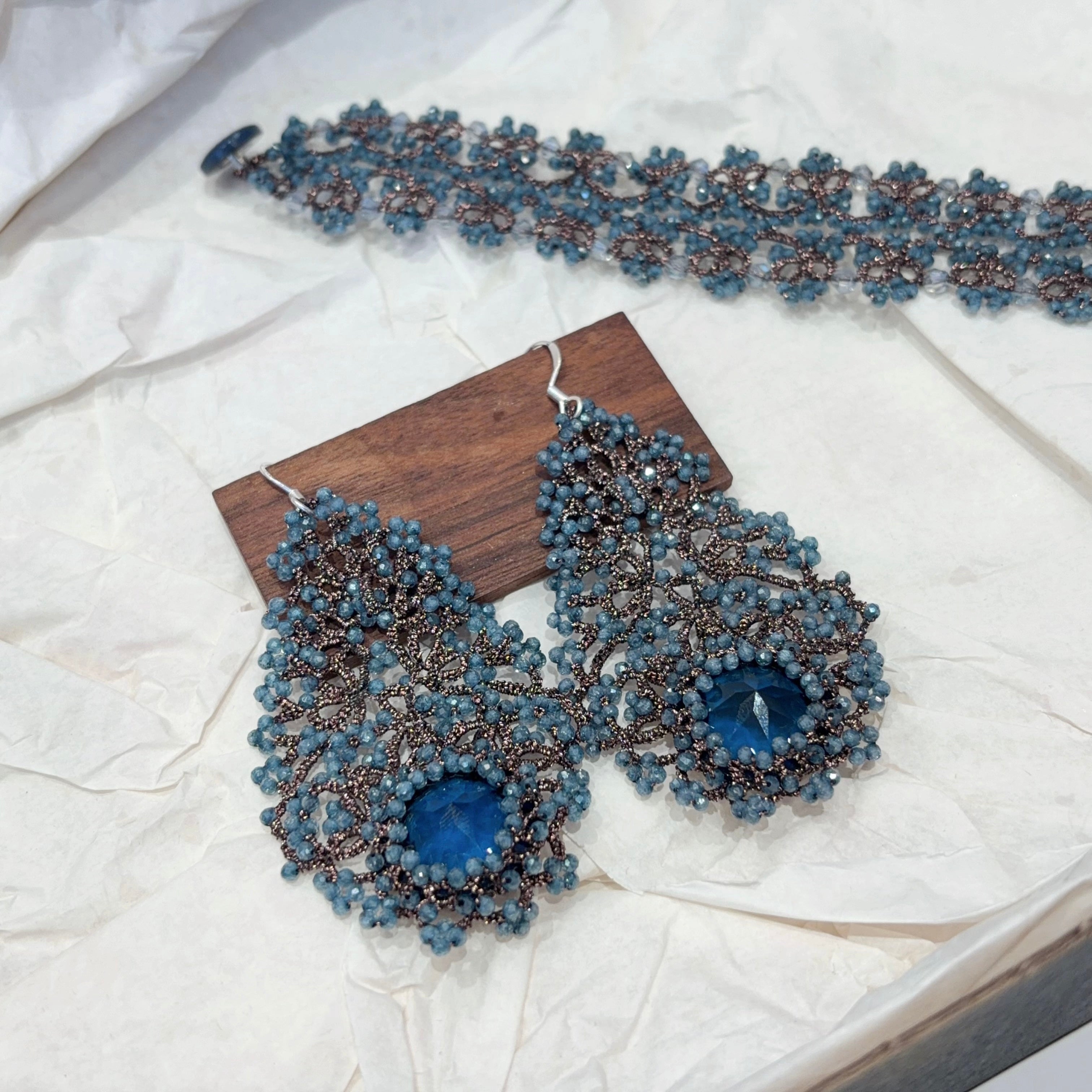 Handwoven Blue Chalcedony Lace Statement Earrings in 925 Silver