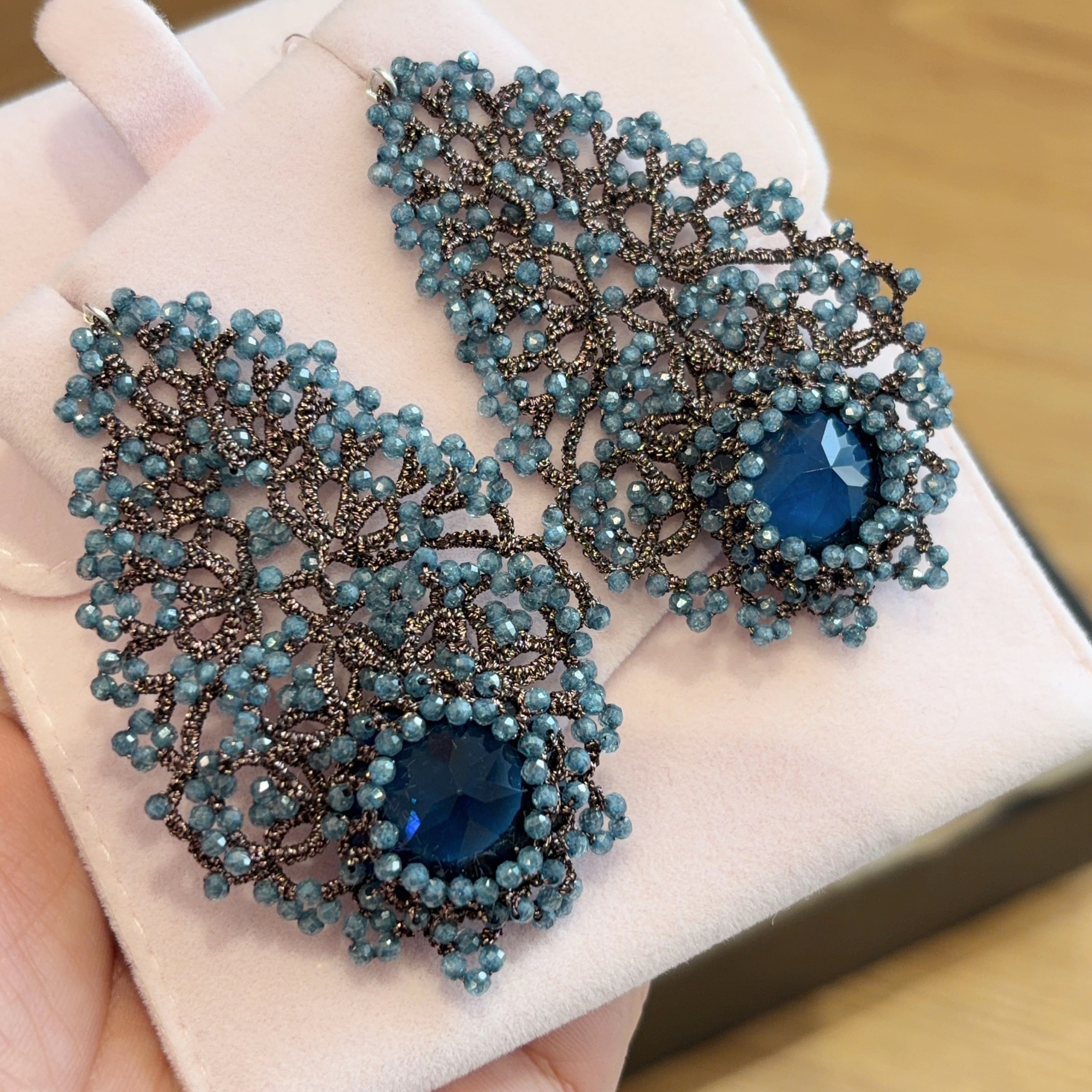 Handwoven Blue Chalcedony Lace Statement Earrings in 925 Silver