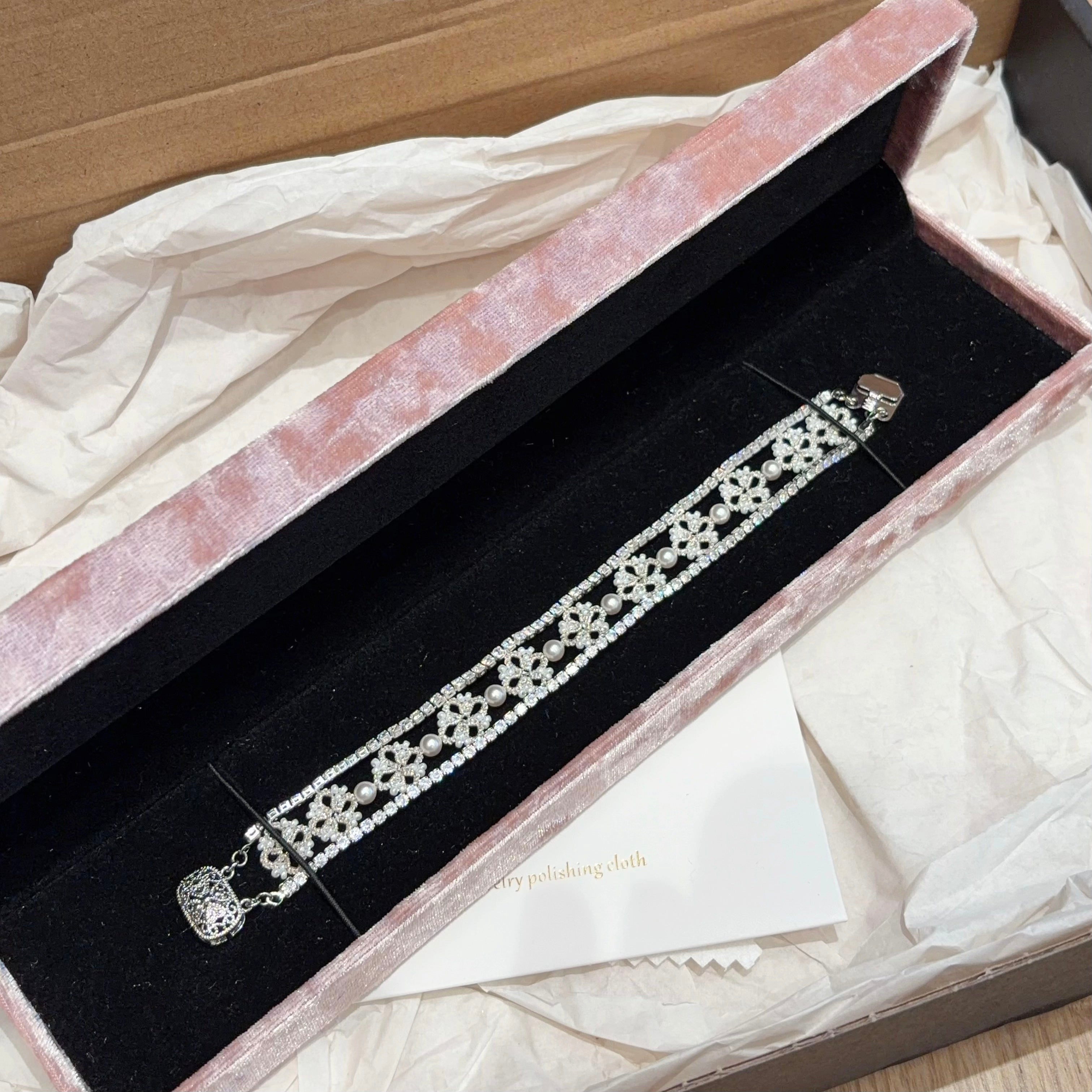 Hand Woven French Lace Pearl Crystal Beaded Floral Bracelet