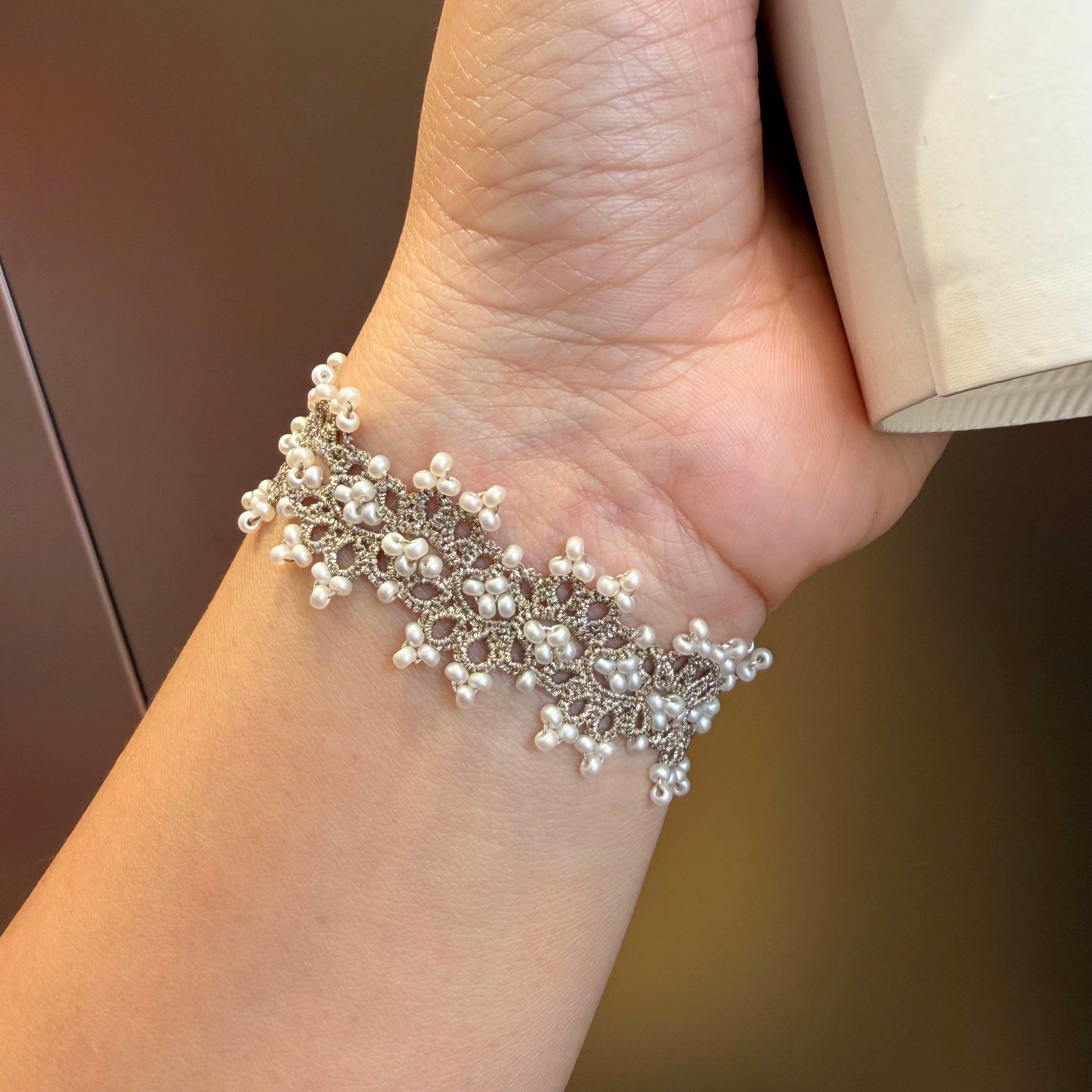 Handwoven Pearl & Zircon Lace Bracelet