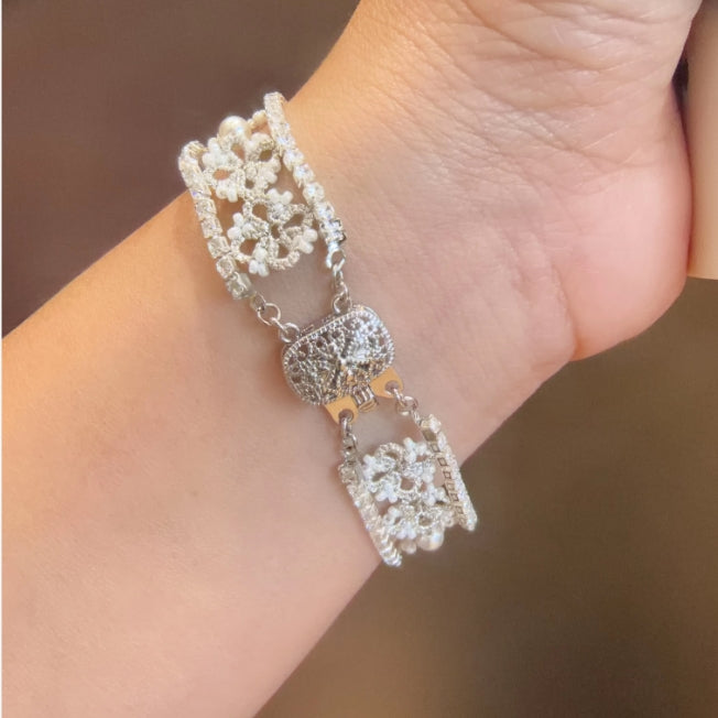 Hand Woven French Lace Pearl Crystal Beaded Floral Bracelet